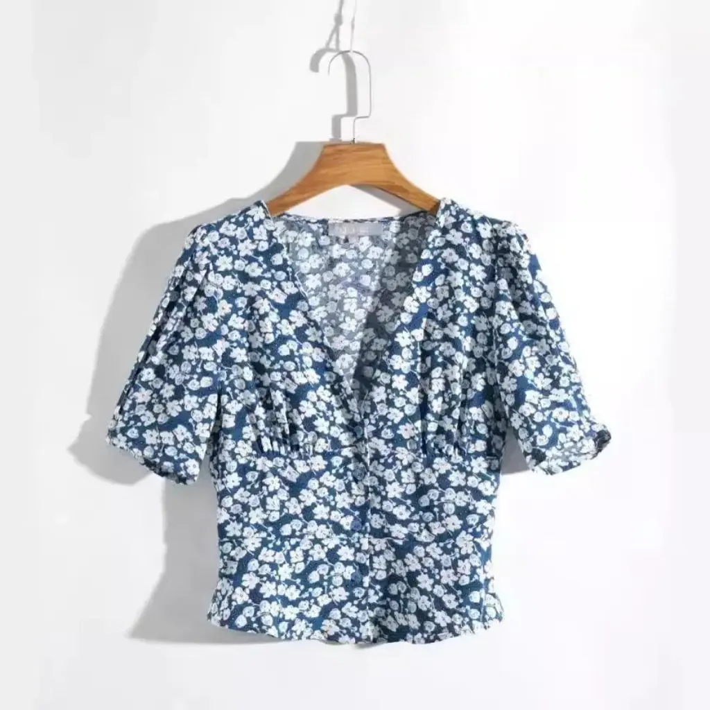 

Summer Women's V-neck Short Sleeve Top European American Style Blue Floral Print Single-Breasted Waist Design T-shirt