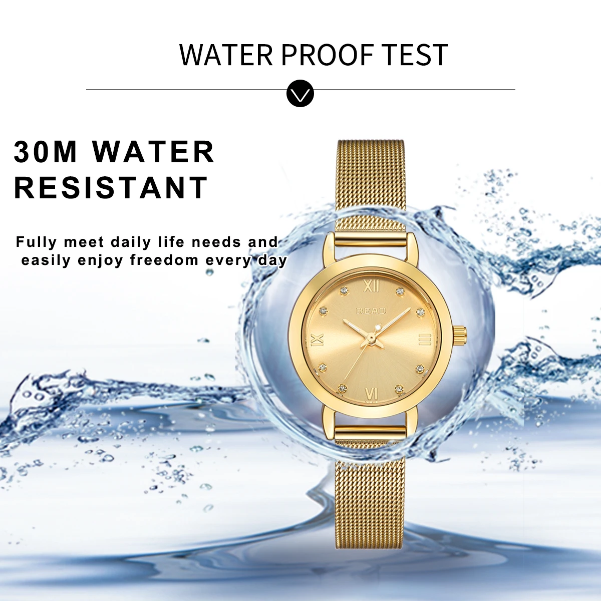 READ Women Simple Roman Numeral Quartz Wrist Watch | Gold Stainless Steel Mesh Band | 30M Water Resistant Analog Ladies Watch