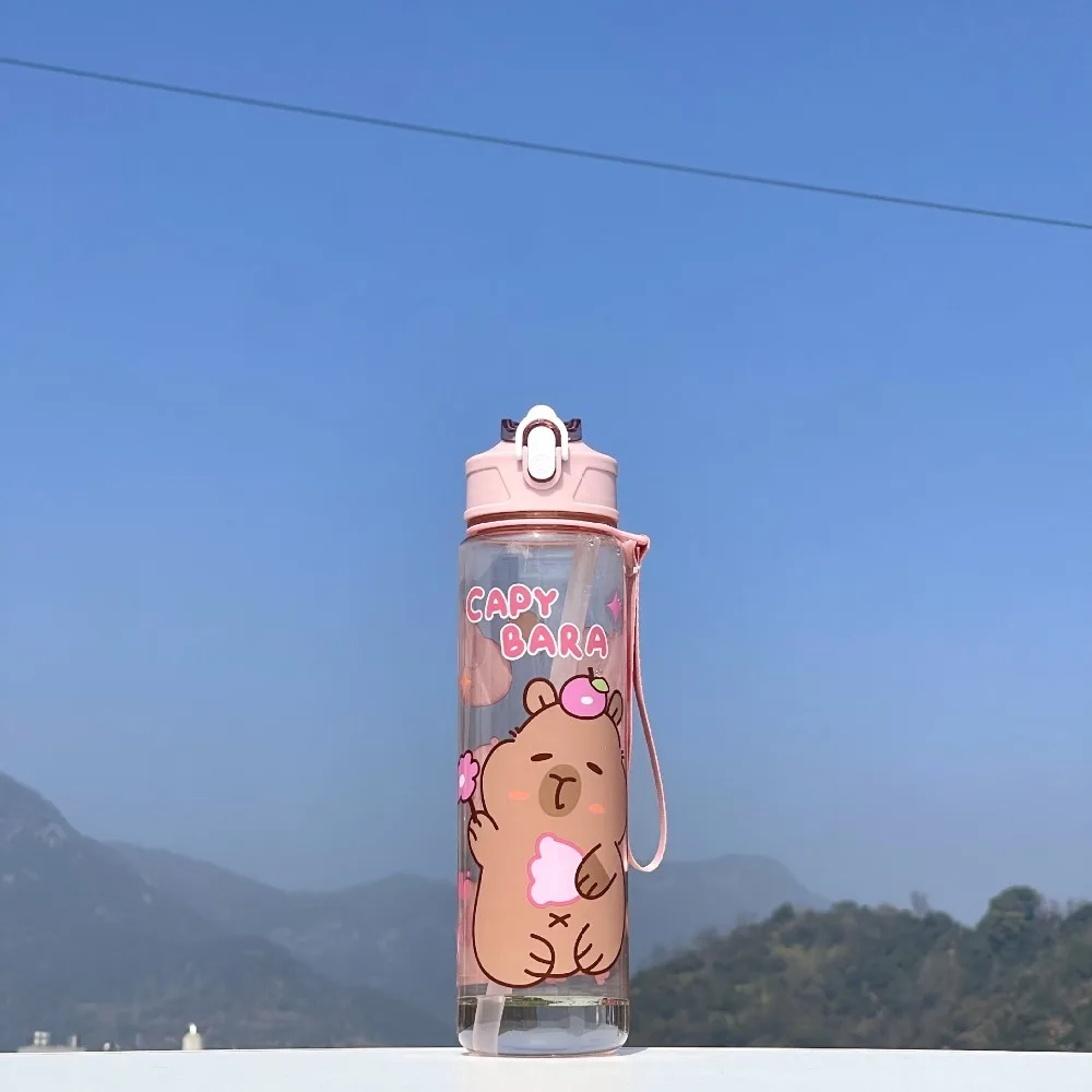 

800ml Capybara Water Bottles Cute Large Capacity Transparent Plastic Cup Straw Cup with Shoulder Strap Capybara Drinking Bottle