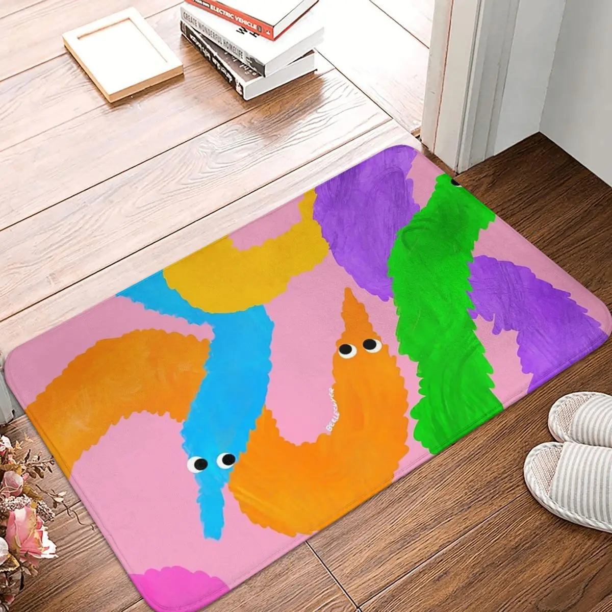 Worm Party!Rainbow Worms On Pink Non-slip Doormat Floor Mat Carpet Rug for Kitchen Entrance  Bathroom Living room Footpad Mats