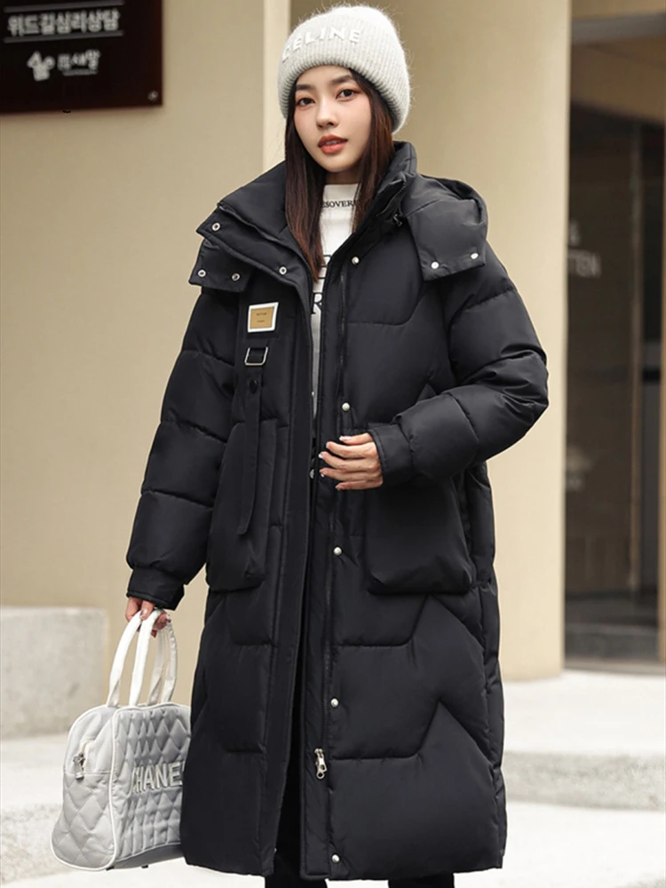 

Women Down Padded Coat Puffer Jacket Winter 2023 Leather Label Decoration Hooded Big Slanted Pocket Polyester Fabric