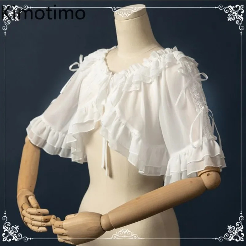 Kimotimo Lolita Chiffon Cardigan Crop Top Women Summer New Ruffles Lace Up Thin Shawl Shirts Japanese Sweet Y2k Aesthetic Blouse