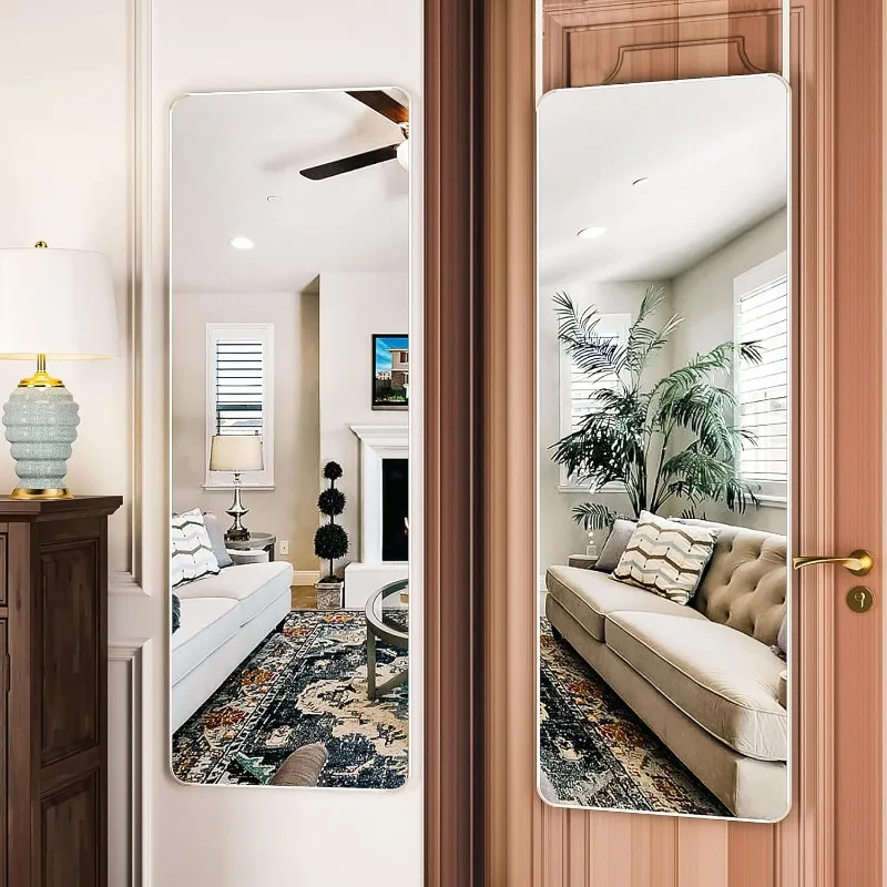 Door Mirror, Full Length Mirror Over The Door, 14'' x 48'' Hanging Mirror, Rounded Rectangular Wall Mirror