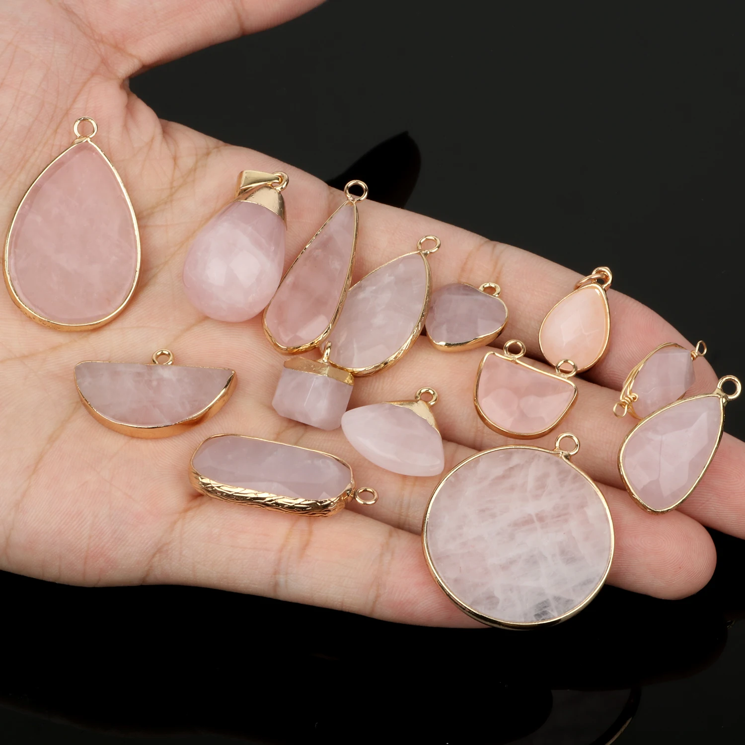 1pc Natural Stone Pink Quartz Crystal Pendant Gold Plated Heart Drop Shape Charms Pendants for Necklace Women Fashion Jewelry