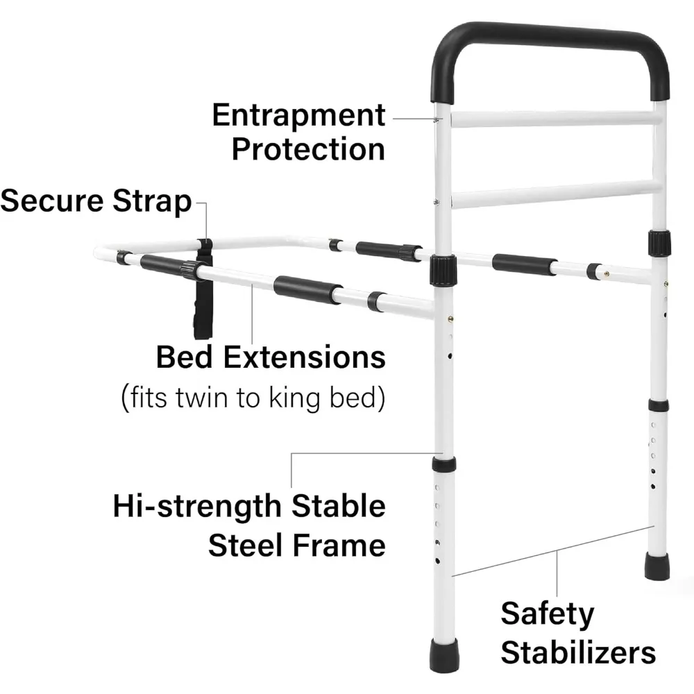 Rail d'assistance au lit réglable avec barre d'appui de sécurité, assemblage sans outil pour toutes les tailles de lit, certifié ASTM