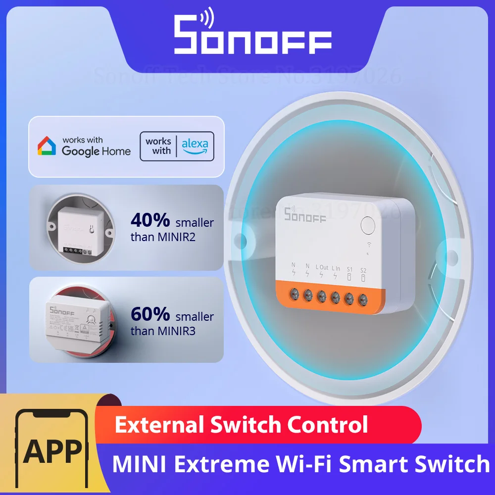 SONOFF MINIR4 Extreme Wi-Fi Smart Switch Detach Delay Tiny Size External Switch Control Voice Control via eWeLink Alexa Google