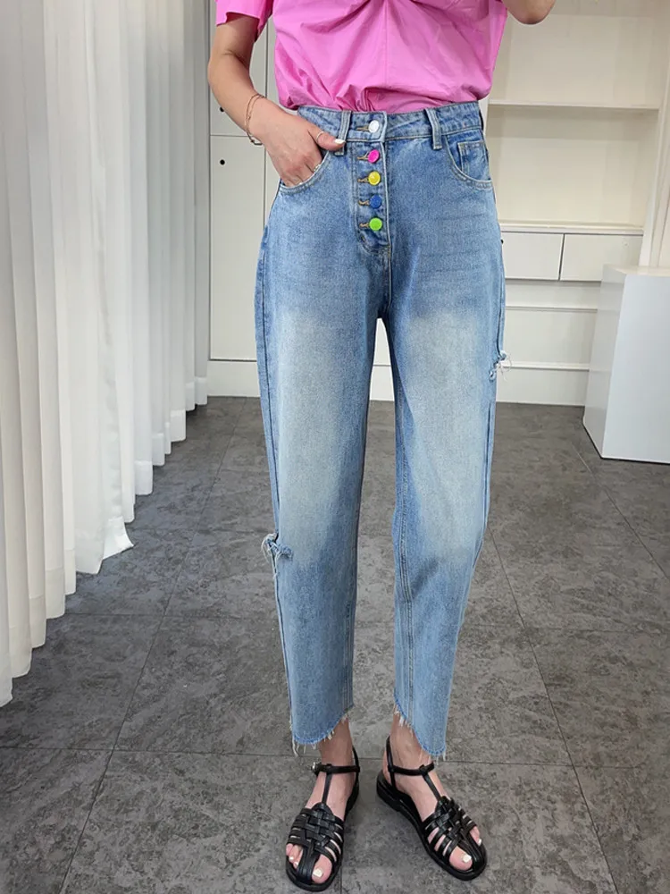 

Korean Y2K Harem Pant Women Distressed Colored Button Straight Leg Jeans Long Pants Streetwear High Waist Loose Casual Trousers