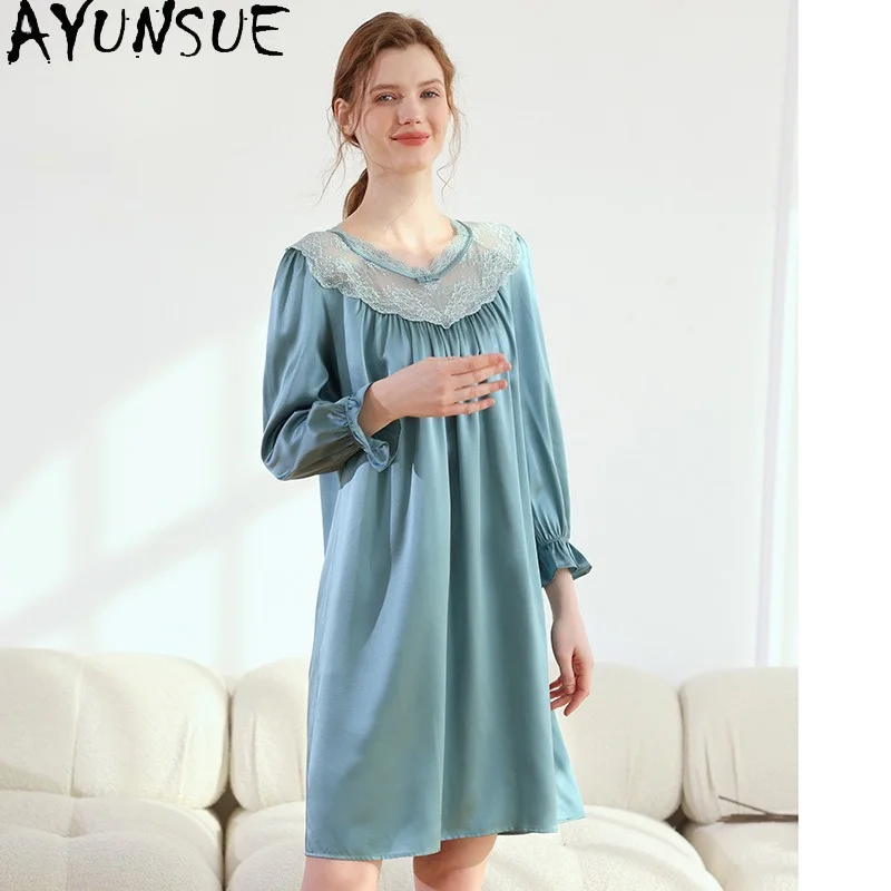 AYUNSUE 19MM 100% Mulberry Silk Sleepwear Women Night Dress Woman Spring Summer Home Clothes Casual Loose Fit Vestidos Mujer