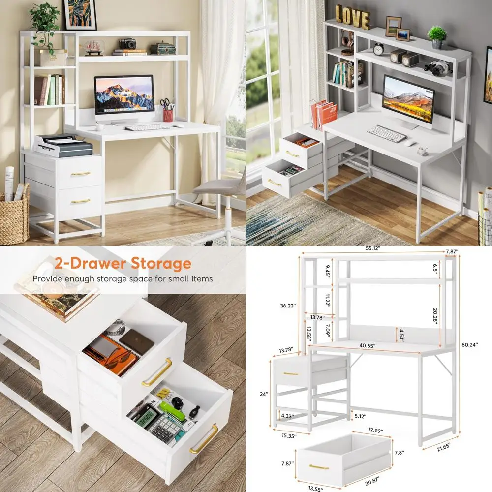 

55 Inch Rustic Computer Desk with Drawers and Storage Shelves, Large Office Study Writing Gaming Table