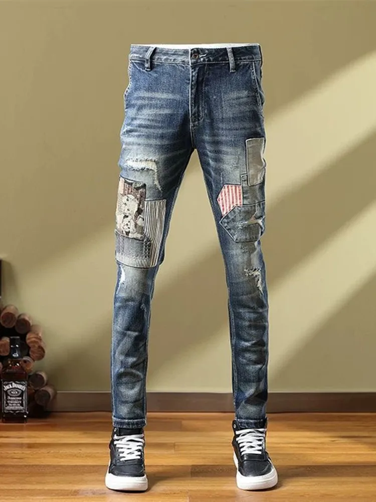 2024 Spring and Autumn New Fashion Trend Printed Straight Leg Jeans Men\'s Casual Slim Comfortable Breathable High-Quality Pants