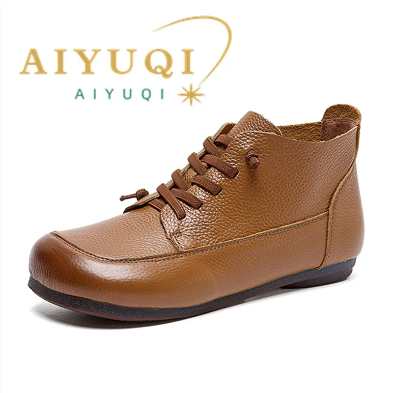 AIYUQI Genuine Leather Women Ankle Boots Flat Lace Up Vintage Handmade Mom Short Booties Comfort Walking Ladies Casual Shoes