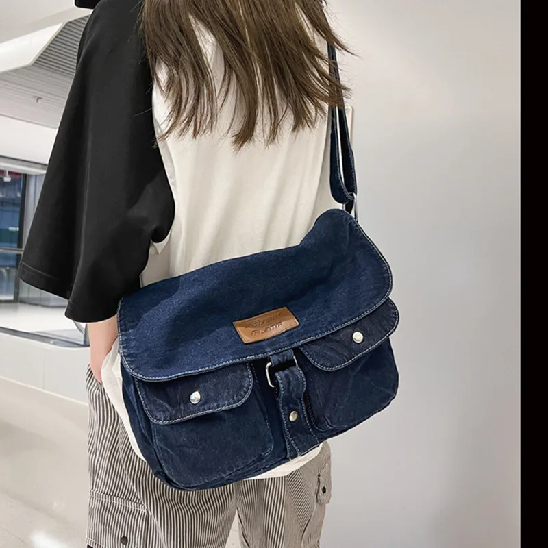 Denim shoulder bag for women 2024 new double pocket messenger bag with large capacity campus work style canvas bag