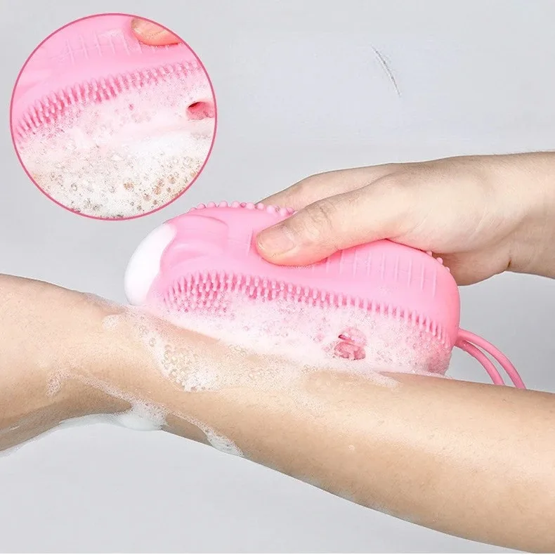 Double Side Silicone Bubble Bath Body Brush with Soap Storage Sponge Massage Scalp Scrubber Skin Clean Shower Exfoliating Mitt