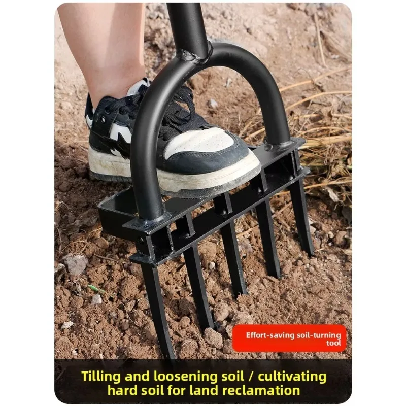 Garden Soil Turning & Loosening Tool Steel Fork Hoe Shovel Deep Tiller for Farm Land Reclamation & Digging