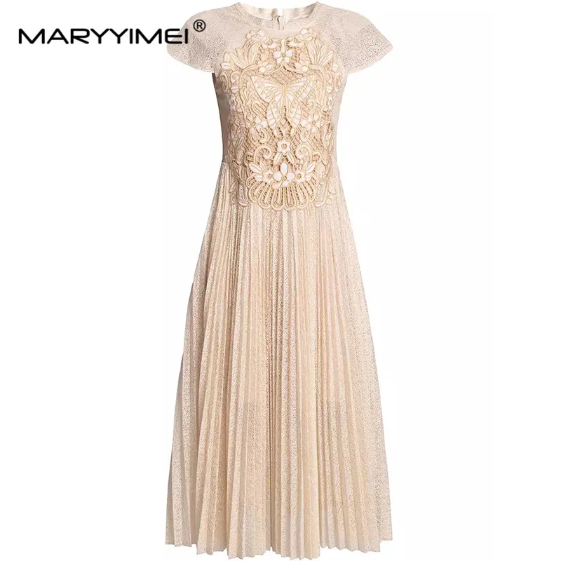 

MARYYIMEI Summer Women's Dress Fashion Short Sleeve Lace Splicing Embroidery Design Elegant Party Pleated Dress