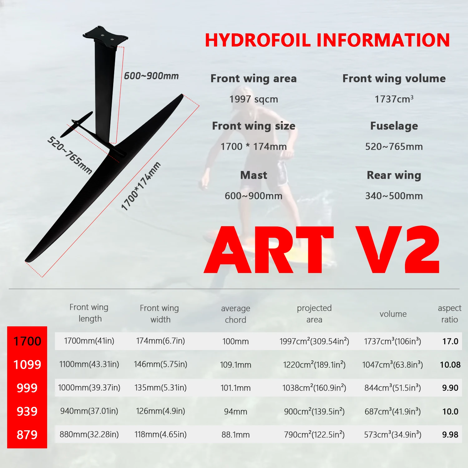 2026 New Style Large Front Wing 1700 V2 High Performance Carbon Fiber Beginners Foil Water Sport Wingfoil Hydrofoil Pumping