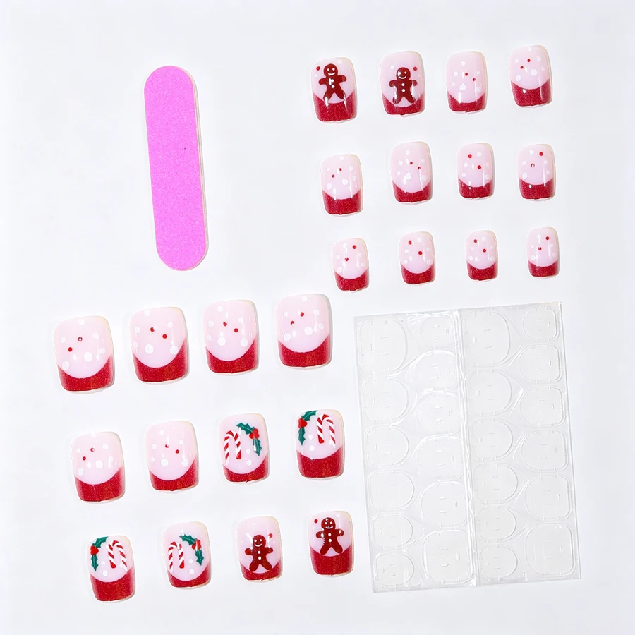 24-Piece Christmas Short Press-On Nails Gingerbread Man Candy Cane Polka Dot French Style Fake Nails with Jelly Glue Nail File Removable Finished Nail Set