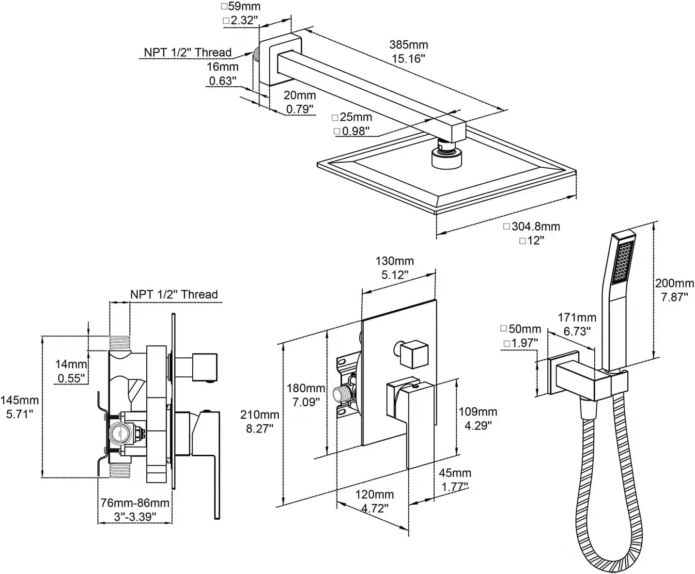 Rain Shower System 12 Inches Shower Combo Set Black Wall Mount Faucet Bathroom Faucets With Rainfall Shower Head And Hand