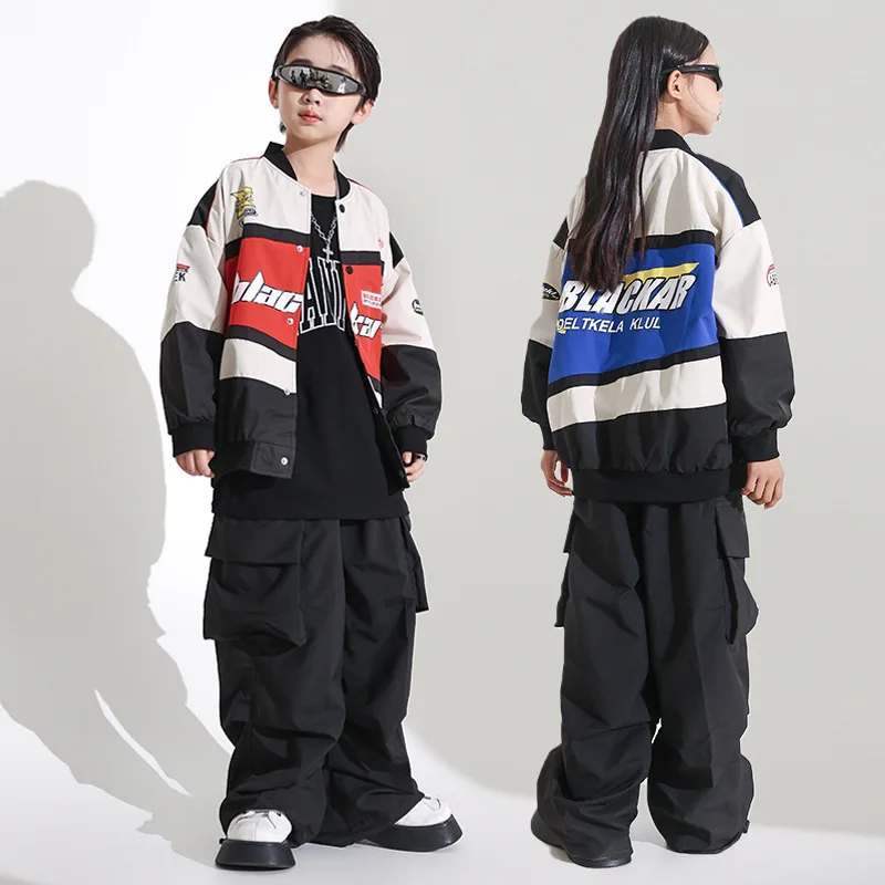 

Hip Hop Boys Motorcycle Contrast Jacket Cargo Pants Girls Baseball Coat Streetwear Street Dance Costumes Kids Jazz Clothes Sets