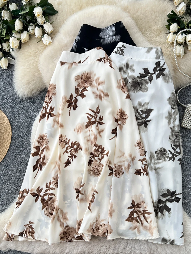 

Юбка миди из шифона с цветочным принтом, женская, летняя, новая модель, расклешенная, А-силуэт, в корейском стиле, для повседневной носки