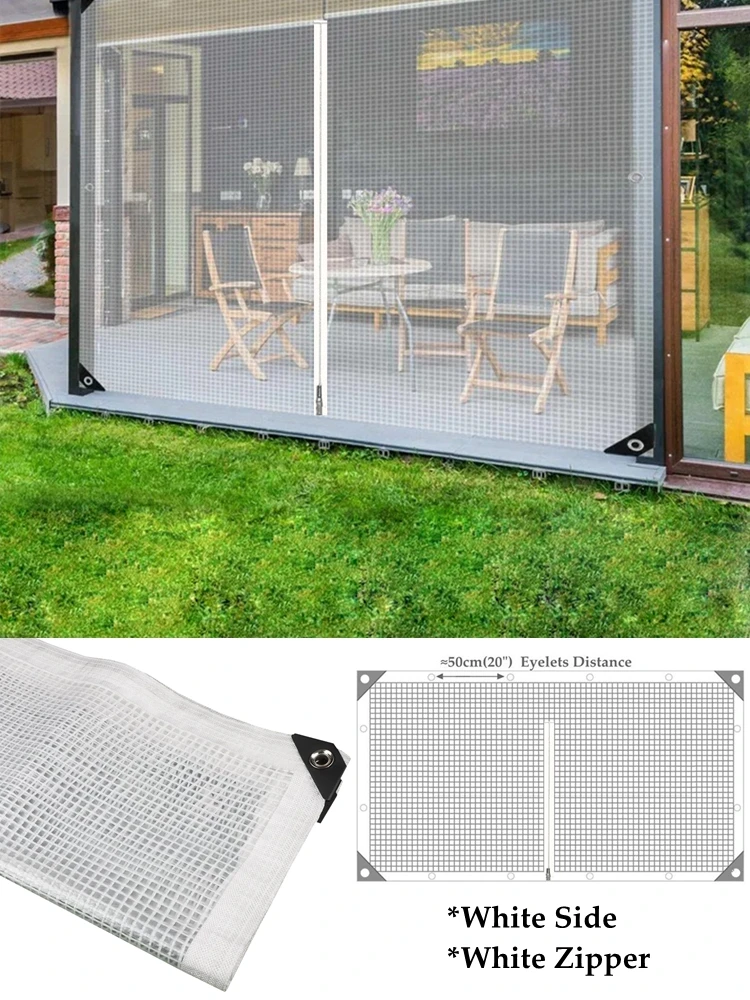 0.35MM Mesh Grid Reinforced PE Tarpaulin with Zipper Balcony Waterproof Screen Pergolas Gazebo Rainproof Enclosure Tarp
