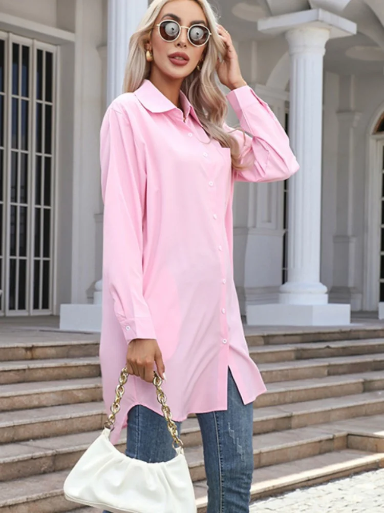 Women Spring Autumn Style Long Blouses Shirts Lady Casual Long Sleeve Turn-down Collar Solid Color Blouse Tops