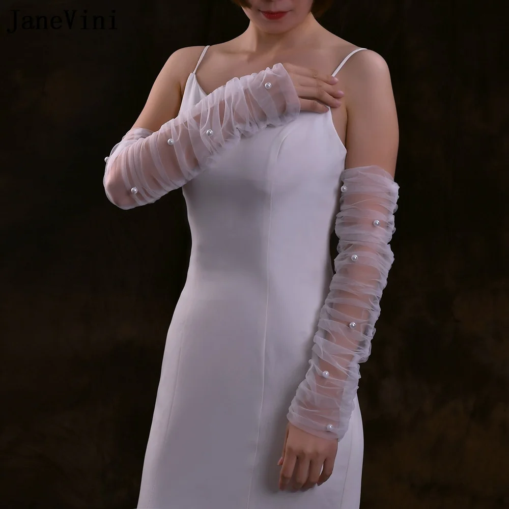 JaneVini-Sheer Bridal Gloves para mulher, extravagante, pérola, mangas de casamento, plissadas destacáveis, tule, braço, marfim, preto