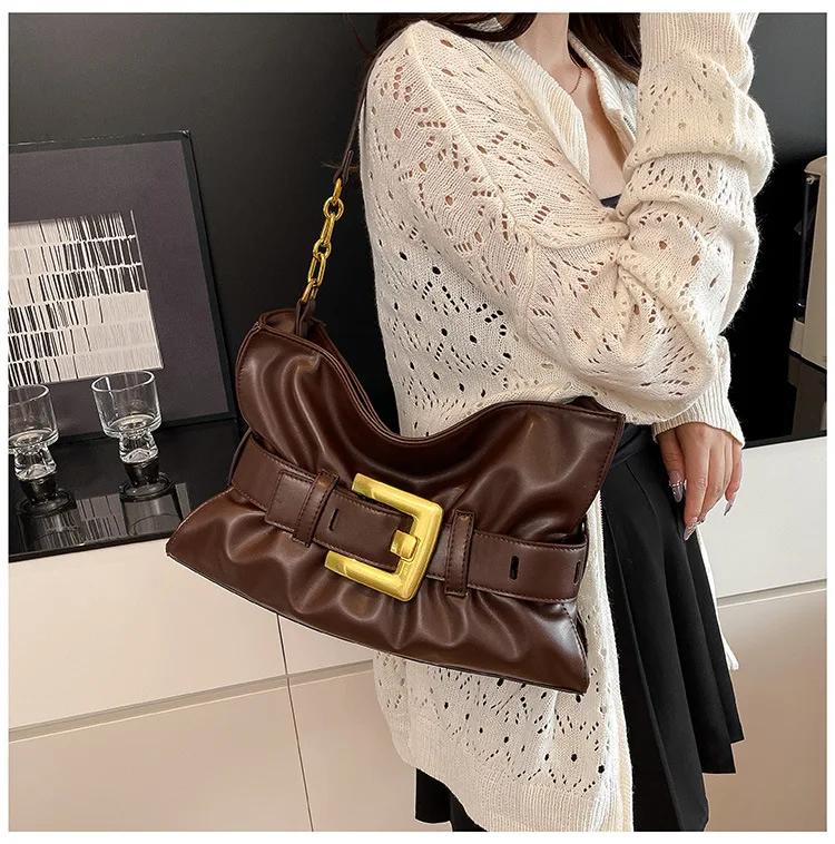 

Spacious Minimalist Underarm Tote 2026, Women's Pleated Shoulder Bag with Buckle, Simple Top Handle Purse for Commute