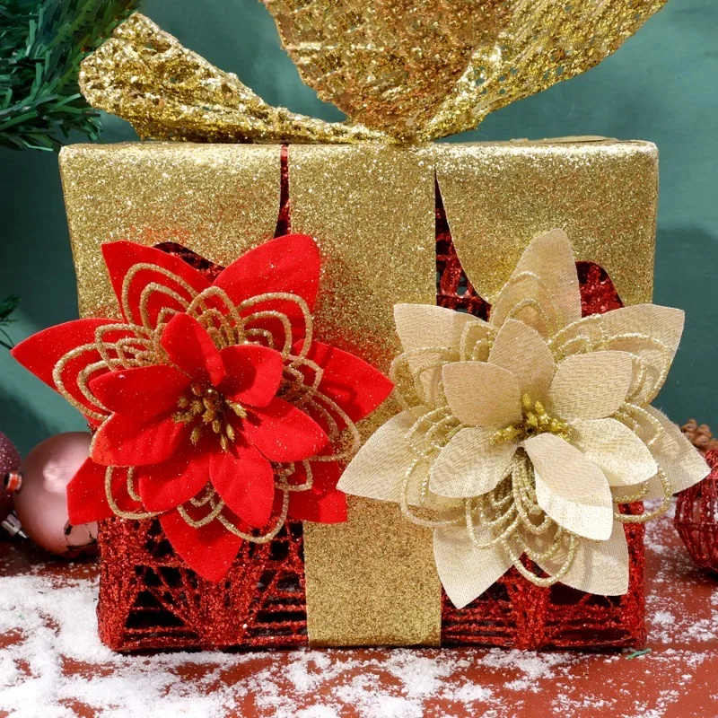 1-10PCS Glitter Artifical Christmas Flowers Christmas Tree Decorations for Home Fake Flowers Xmas Ornaments 2024 New Year Decors