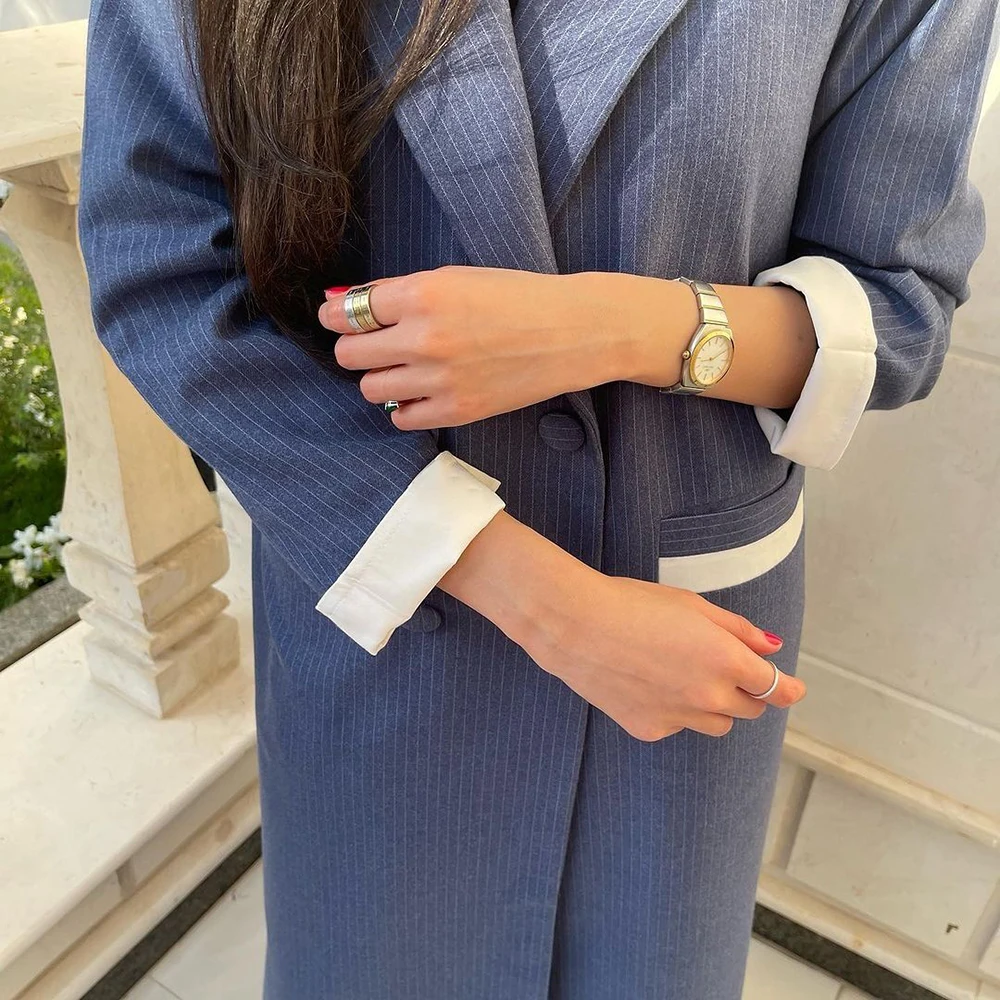 Blue Abaya Blazer Long Jacket One Piece Pinstripe Peak Lapel Women Coat Formal Occasion Costume Elegant Female Costume Suits