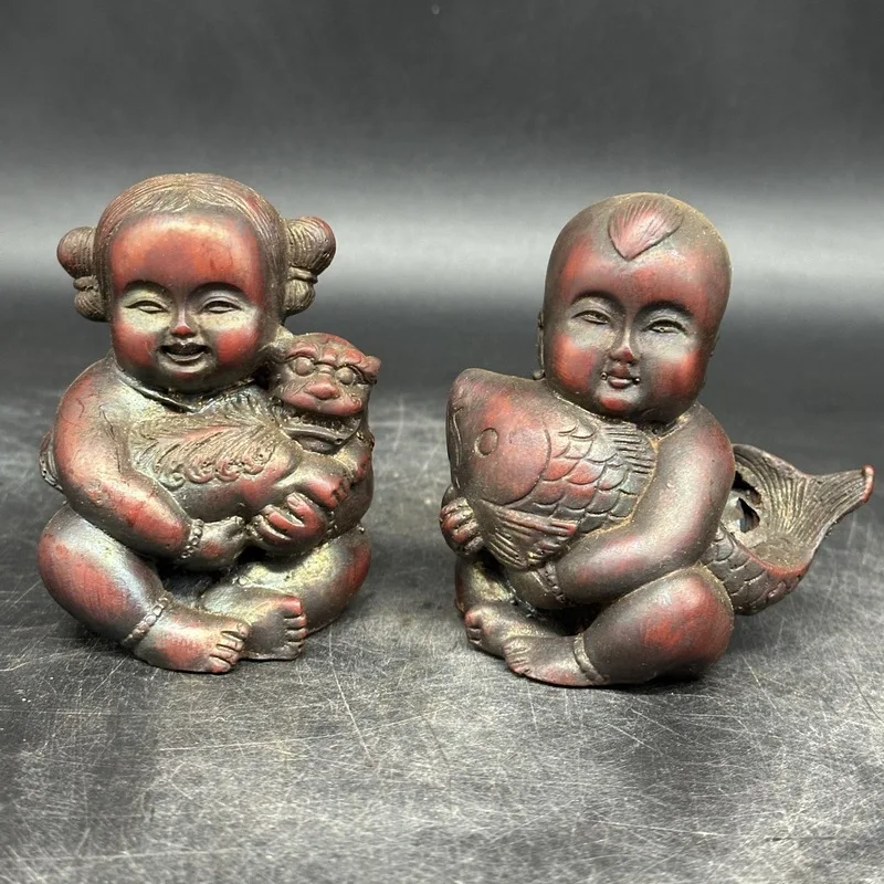 Antique-style collectible resin figurines of boys and girls in redwood imitation, suitable for home and car decoration, vintage-