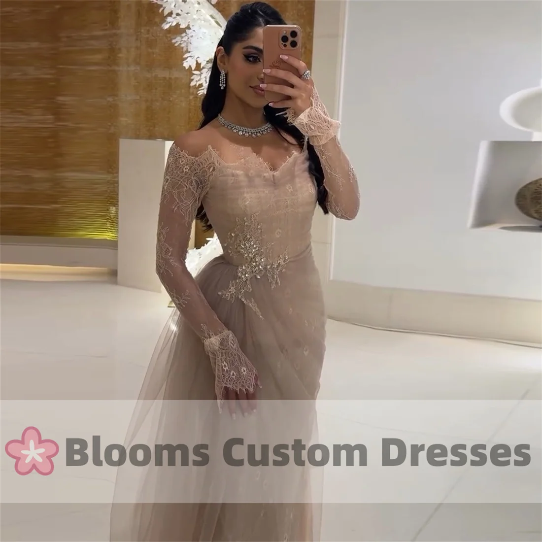 Blooms Off Shoulder Lace Customized Prom Dress Tulle Pleated Beaded Formal Occasion Gown Elegant Long Sleeves Evening Dresses