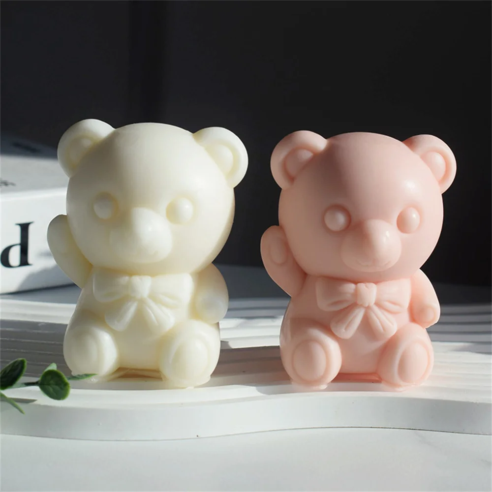 Lovely 3D Bow Tie Bear Candle Soap Slicone Mold DIY Scented Candle Craft Gifts Resin Mold Cute Brithday Cake Decor Fondant Mould