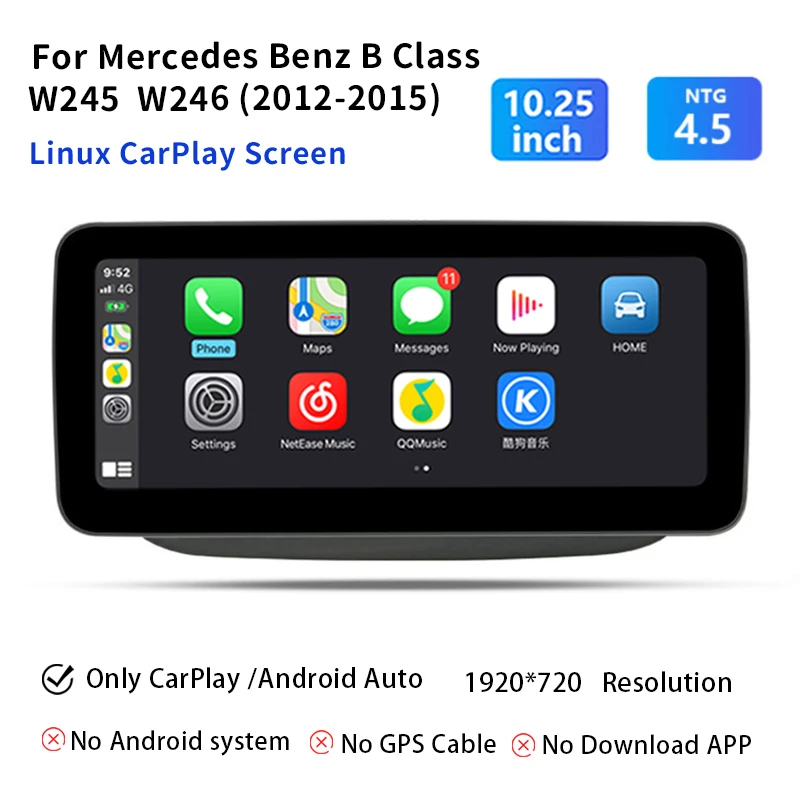 12,8" Android 14 autoradio voor Mercedes-Benz B-klasse W246 W245, met intelligent scherm, CarPlay, stereo, GPS-navigatie en multimedia.