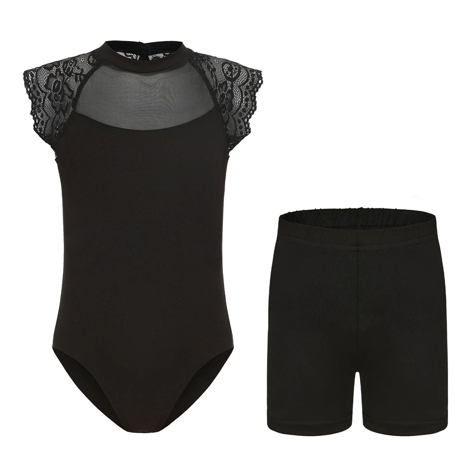 

Kids Girls Lyrical Ballet Jazz Dance Outfit Lace Cap Sleeves Mesh Patchwork Leotard Gymnastics Latin Stage Performance Bodysuit