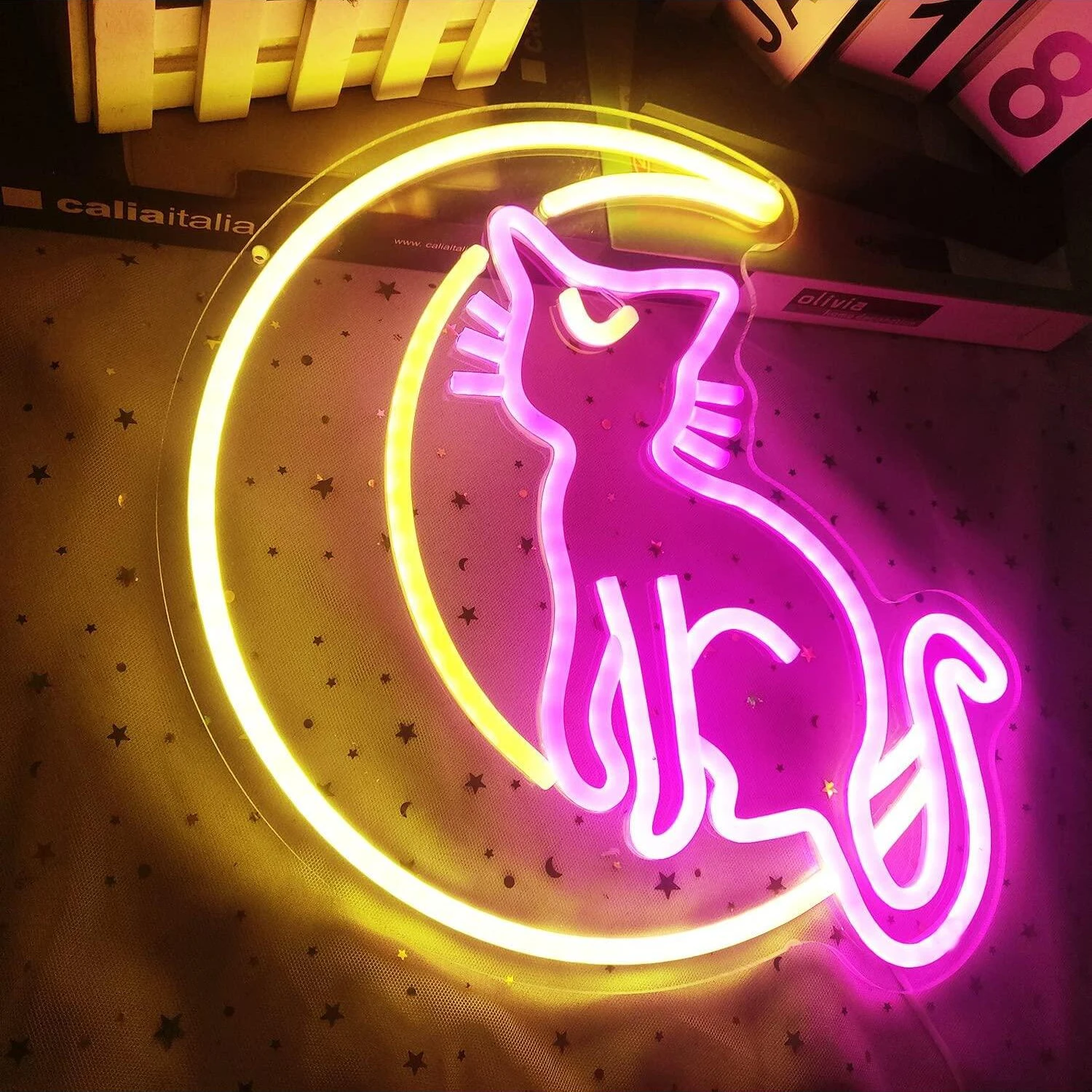 Cat Moon Light Anime Neon Sign Art Wall Decorative Lights for Girl\'s Room Birthday Gifts Birthday Halloween Christmas Gift Pink