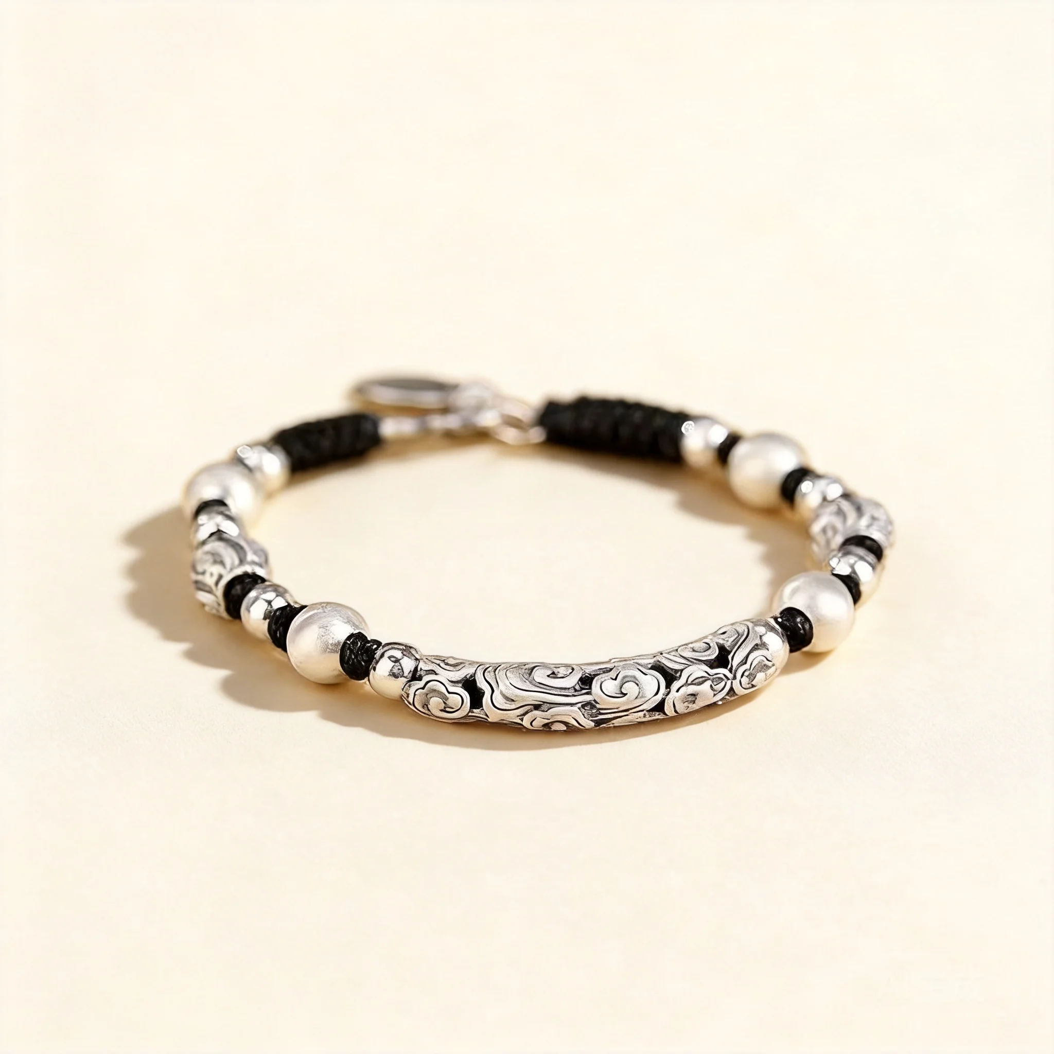 Chinese Style Auspicious Cloud Silver Plated Beaded Braided Bracelet Good Luck Fortune Blessing Unisex Couple Ethnic Hand Rope