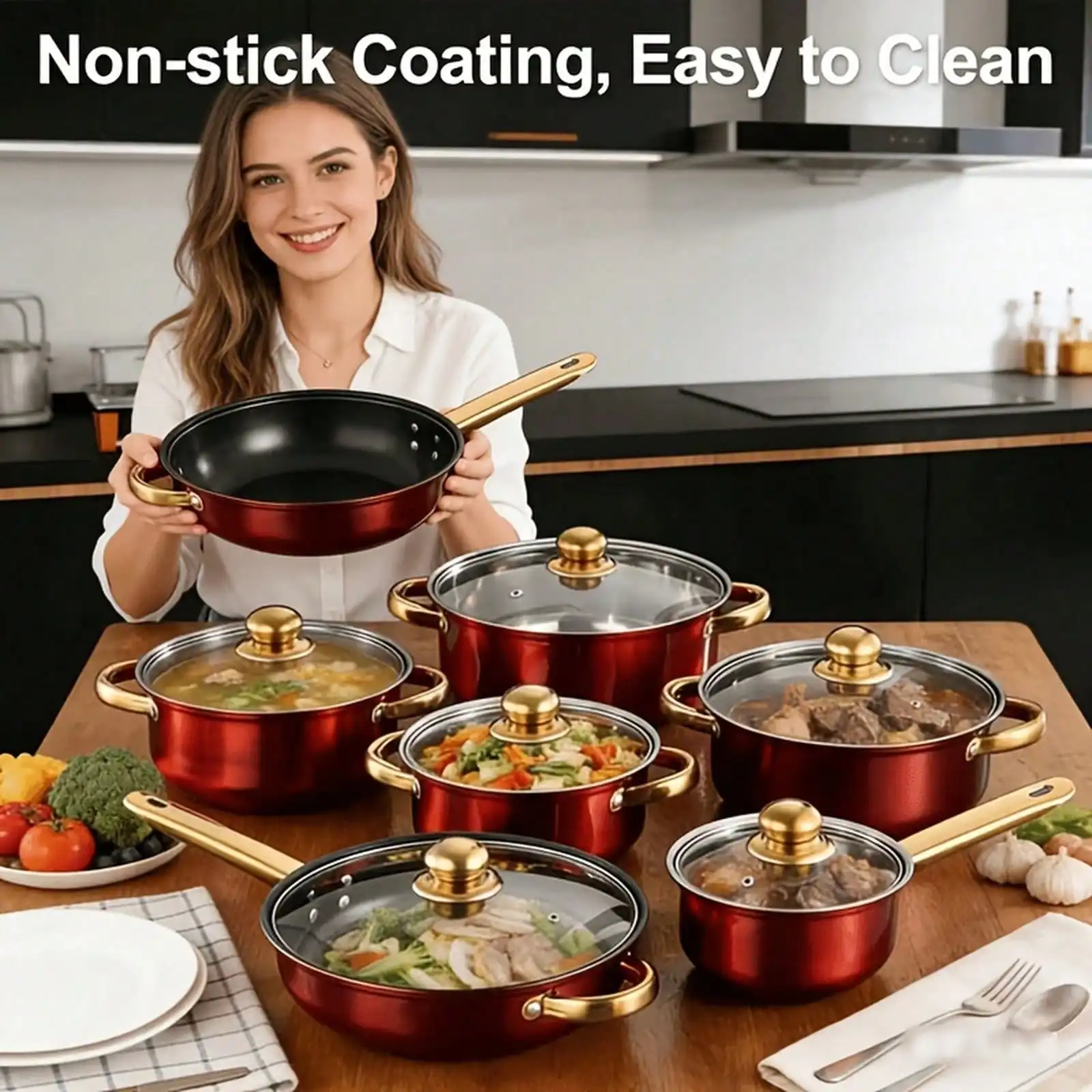 18pcs Red Kitchen Cookware Combination For Family Use, Elegant Gentle Style With Full Premium Sense, Humanized Design Fits Daily Cooking Habits, All-In-One Cooking Pot Set
