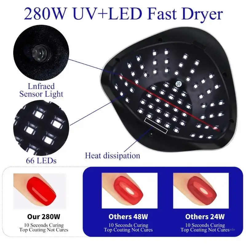 280W Lamp for Nails Gel Polish LED Light with 66 Beads 4 Timer Setting Practical Dryer Art Drying Tools