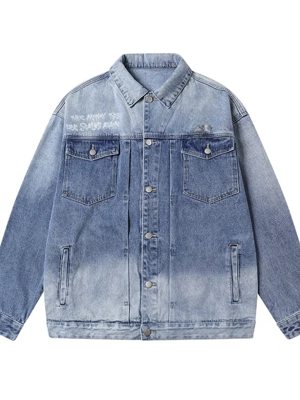 Retro Washed Rock Band American Street Hip Hop Denim Jacket Outerwear Loose Fit Printed Cotton Youth Fashion Spring Autumn