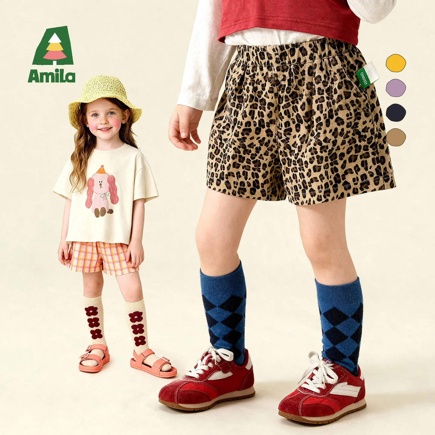 Amila 2026 Summer Children's Shorts Energetic Multiple Styles Vintage Contrast Color Versatile Fashionable Casual Shorts