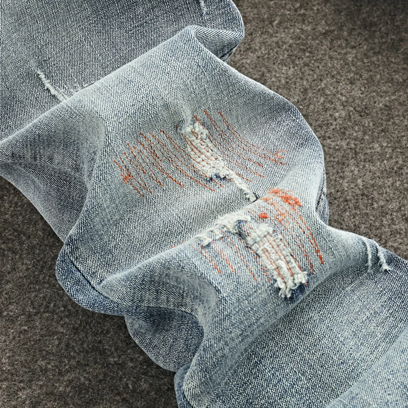 Designer Fashion Men Jeans High Quality Retro Light Blue Stretch Slim Fit Painted Ripped Jeans Men Vintage Denim Pants Hombre