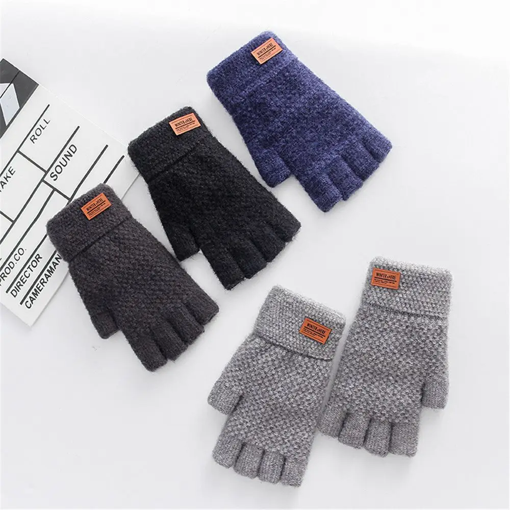 Office Thick Leather Label Winter Warm Fingerless Gloves Half Finger Mittens Knitted Alpaca Wool Driving Gloves