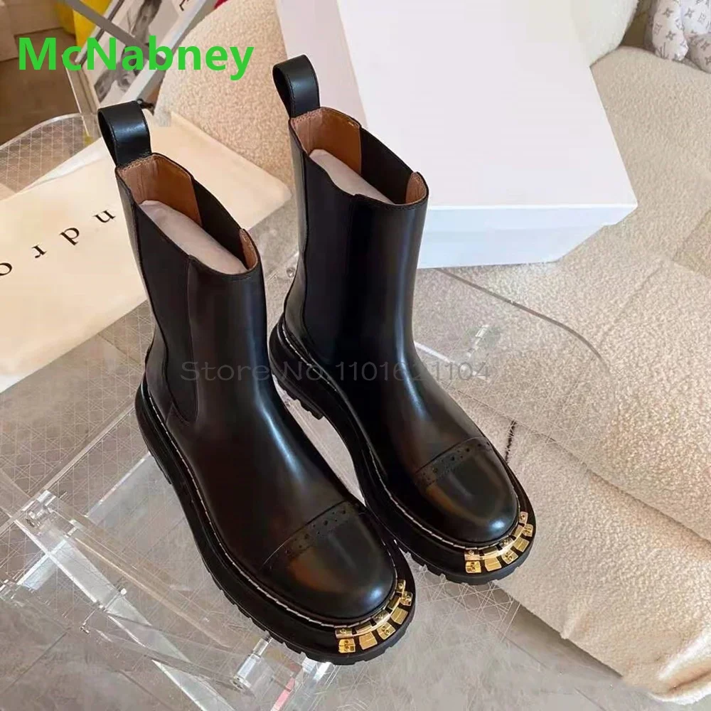 Big Gold Tooth Black Boots For Female Women 2025 New Thick Sole Round Toe Ankle High Slip-on Leather Fabric Fashion Solid Shoes