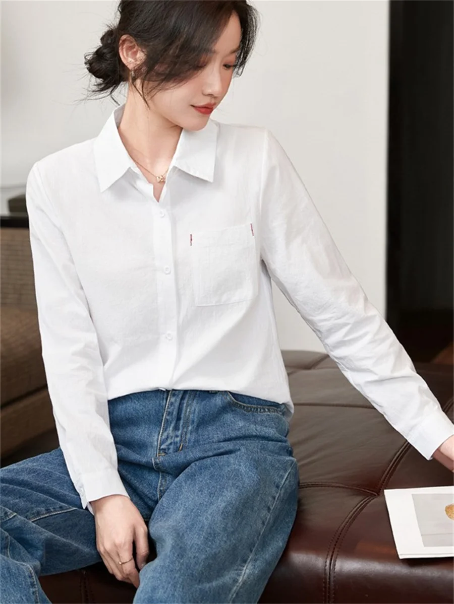 Women Spring Autumn Style Cotton and linen Blouses Shirts Lady Casual Long Sleeve Turn-down Collar White Blouses Tops DF4894