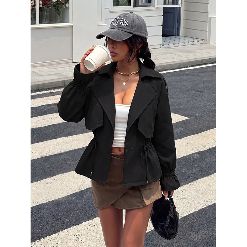 GG 2026 Korean Style Ruffle Pleated Loose Casual Long Sleeve Trench Coat Women's Fashion Jacket
