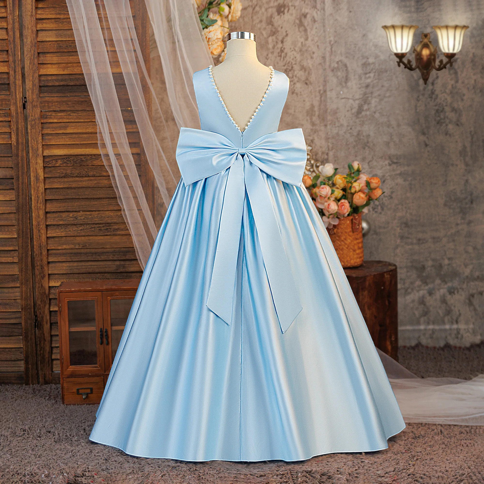 Satin Brautjungfernkleid für Partys, Weihnachtskostüm, Schleife, Taufe, Hochzeit, Prinzessinnen-Ballkleid, Mädchen-Gala- und Neujahrs-Abendkleid – Detail 13
