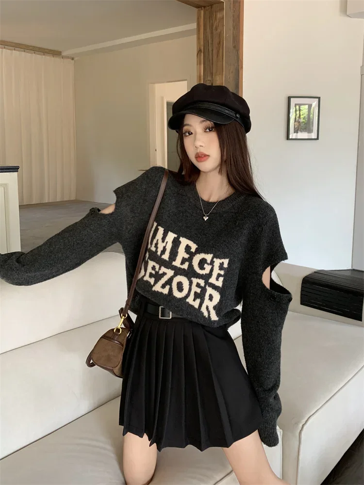 Women Sweaters 2023 Ropa Mujer O-neck Long Sleeve Jumper Sueter Mujer Hollow Out Off Shoulder Knitted Y2k Pullovers Pull Femme