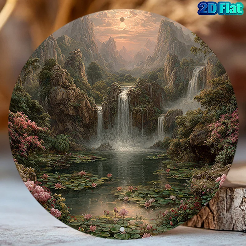 2D Flat Aluminum Round Metal Sign Features a Stunning Circular Landscape Painting Capturing Nature'S Beauty And Vibrancy Perfect