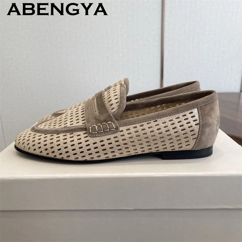 Suede Leather Hollow Doudou Loafer Flat Shoes Women  Breathable Mesh Casual Flat Shoes Summer Moccasins Lady Driving Shoes Women